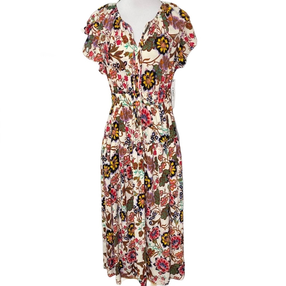 Maggy London Multicolored Floral Print Ruffle Sleeve Maxi Dress with Pockets